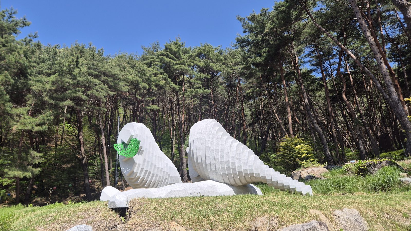산림치유랜드 소나무 숲 안의 흰 조형물